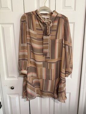 LOFT Beige, Pink & Black Geometric Tie-Neck Long Sleeve Dress